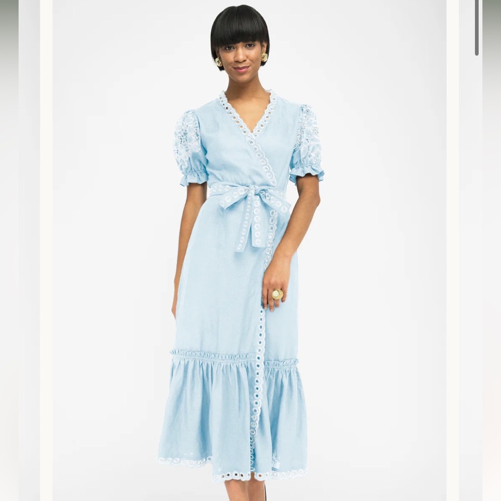 Fanm Mon Wrap Dress Blue Midi dress White Floral Embroidery Linen Sz XS